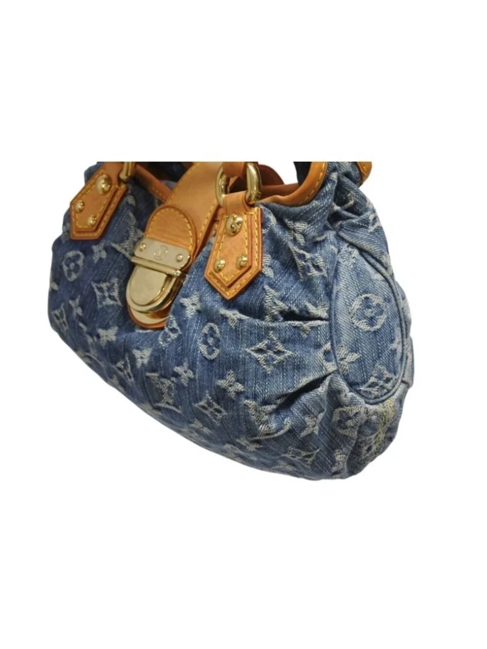 Louis Vuitton Pleaty Handbag Monogram Denim Leather Blue Gold